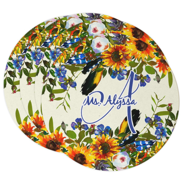 Custom Sunflowers Round Paper Coasters w/ Name and Initial