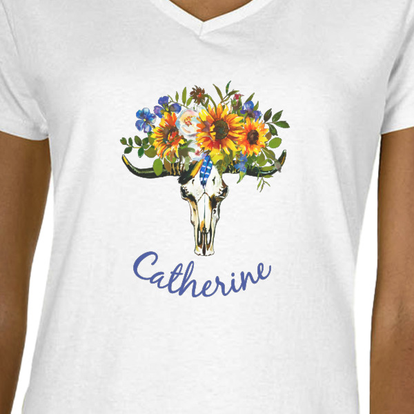 Custom Design - White V-Neck T-Shirt on Model - CloseUp