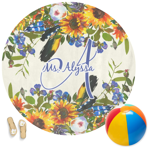 Custom Sunflowers Round Beach Towel (Personalized)