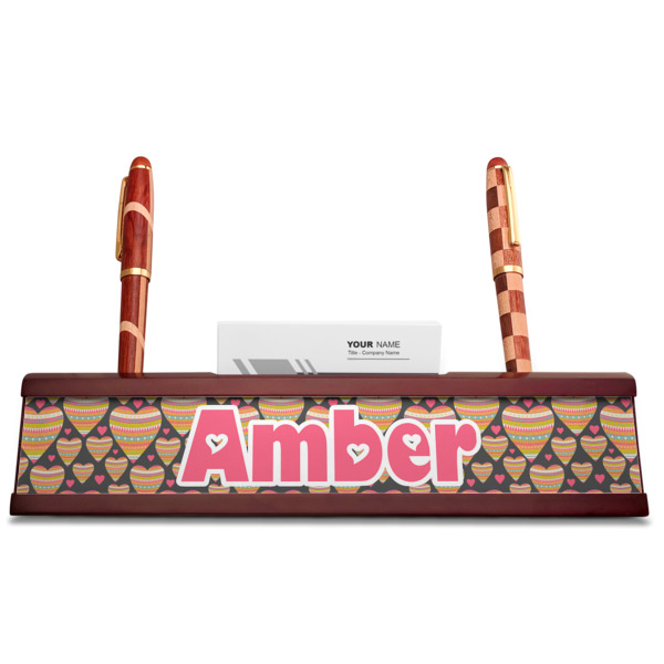 Custom Design - Red Mahogany Nameplates with Business Card Holder - Straight