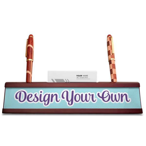 Custom Design - Red Mahogany Nameplates with Business Card Holder - Straight