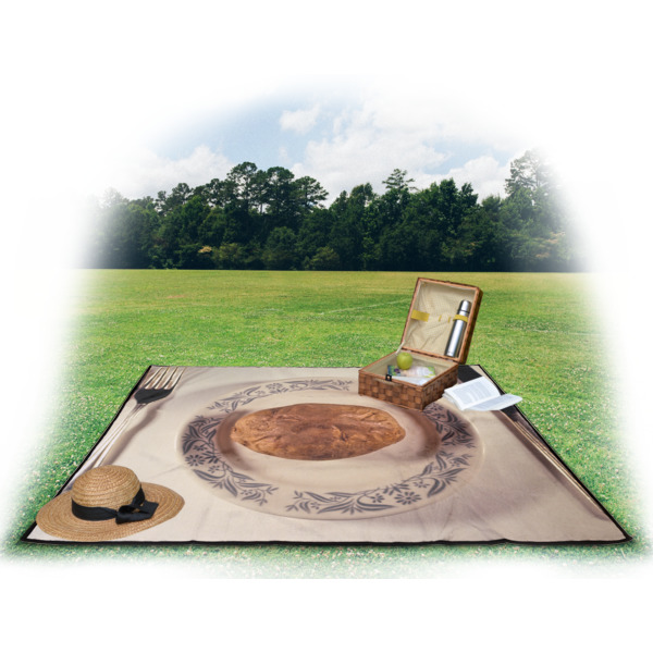 Custom Design - Picnic Blanket - with Basket Hat and Book - in Use