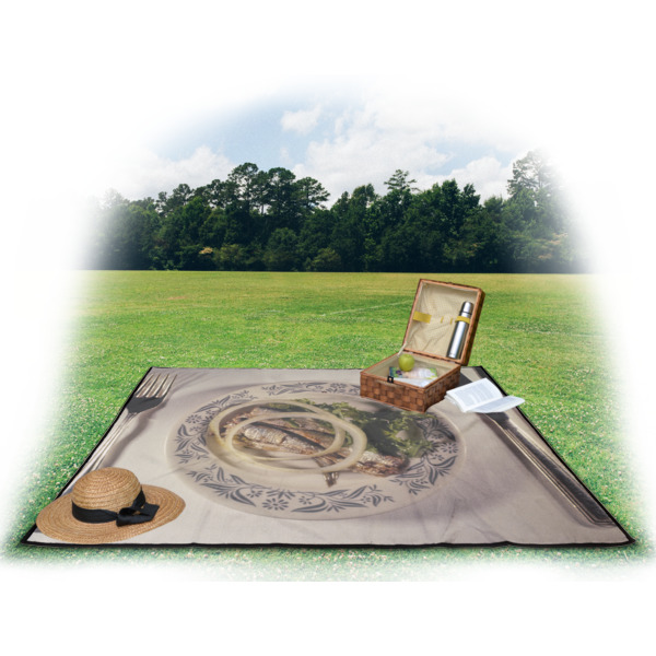 Custom Design - Picnic Blanket - with Basket Hat and Book - in Use