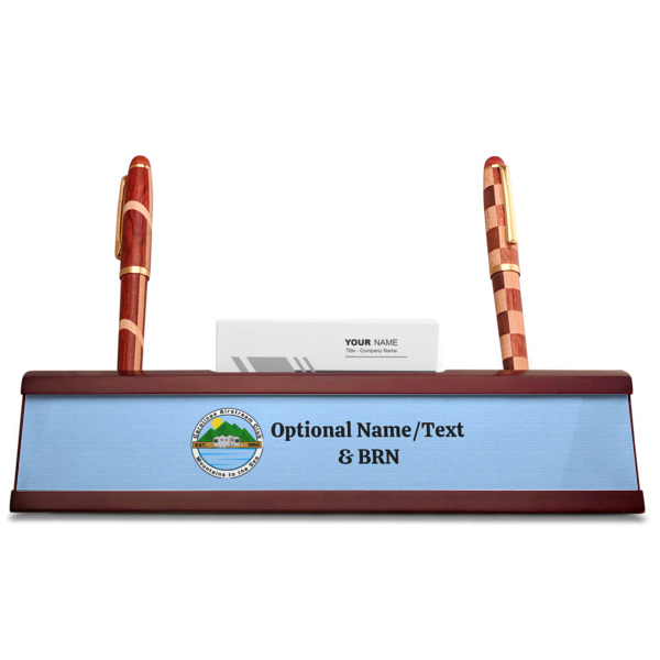 Custom Design - Red Mahogany Nameplates with Business Card Holder - Straight