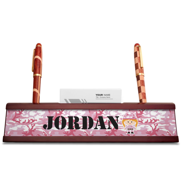 Custom Design - Red Mahogany Nameplates with Business Card Holder - Straight