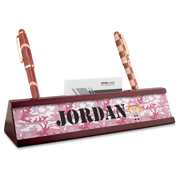 Custom Pink Camo Red Mahogany Nameplate with Business Card Holder (Personalized)
