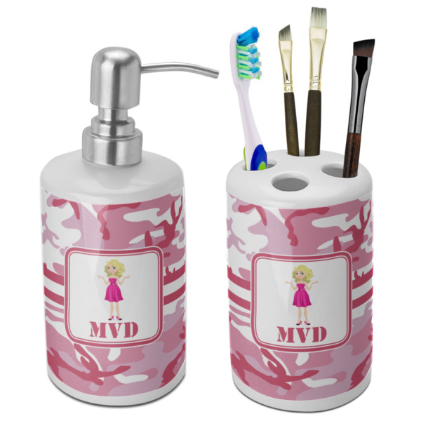 Custom Pink Camo Ceramic Bathroom Accessories Set (Personalized)