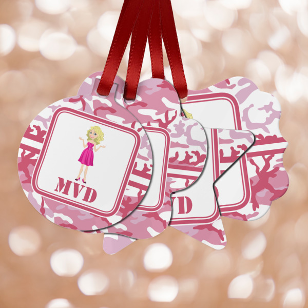 Custom Pink Camo Metal Ornaments - Double Sided w/ Name or Text
