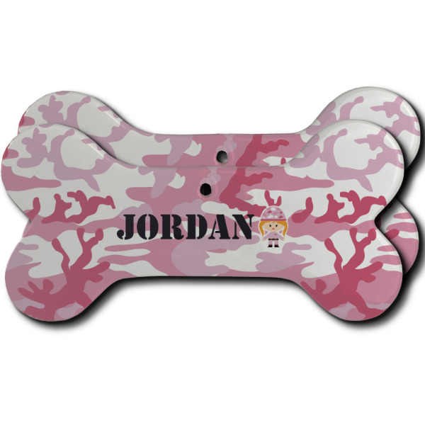 Custom Pink Camo Ceramic Dog Ornament - Front & Back w/ Name or Text
