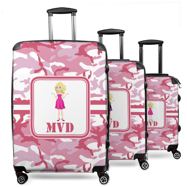 Custom Pink Camo 3 Piece Luggage Set - 20" Carry On, 24" Medium Checked, 28" Large Checked (Personalized)