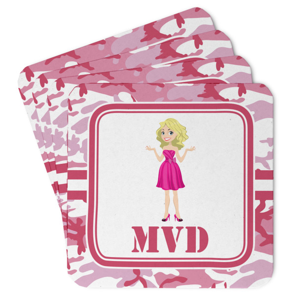 Custom Pink Camo Paper Coasters w/ Name or Text
