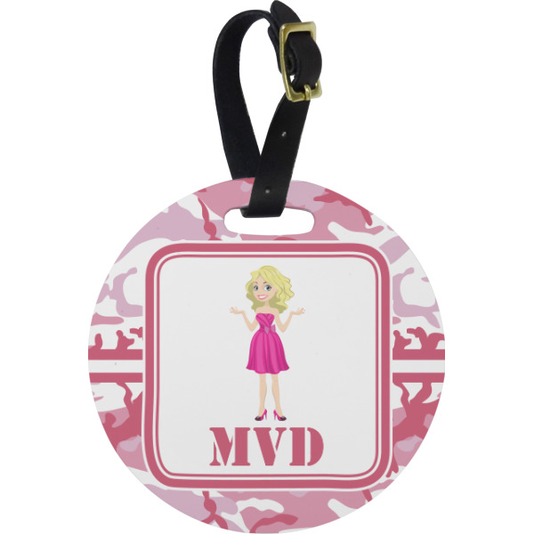 Custom Pink Camo Plastic Luggage Tag - Round (Personalized)