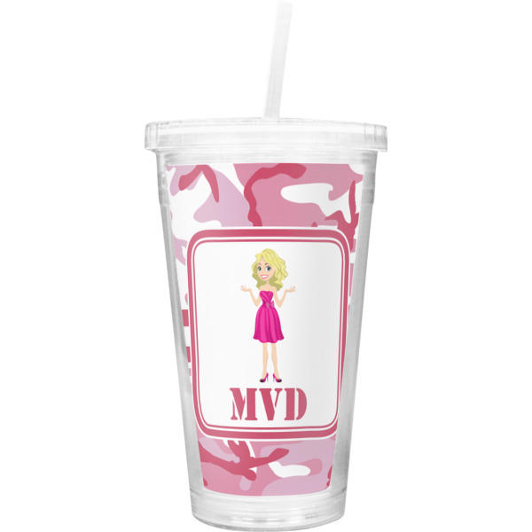 Custom Pink Camo Double Wall Tumbler with Straw (Personalized)