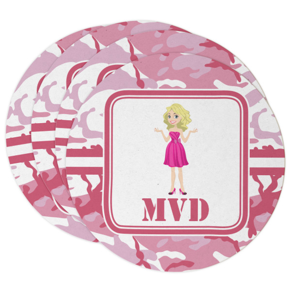 Custom Pink Camo Round Paper Coasters w/ Name or Text