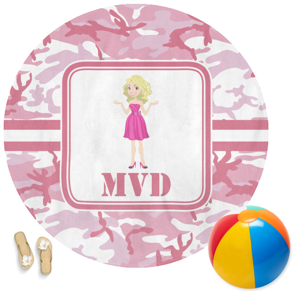 Custom Pink Camo Round Beach Towel (Personalized)
