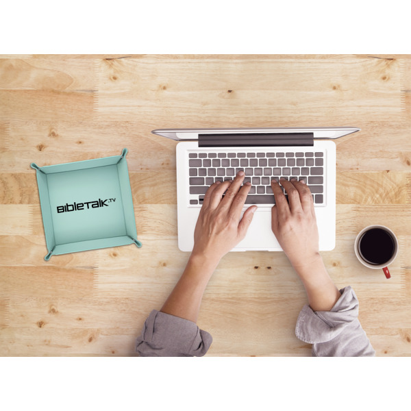 Custom Design - 6" x 6" Teal Leatherette Snap Up Tray - LIFESTYLE