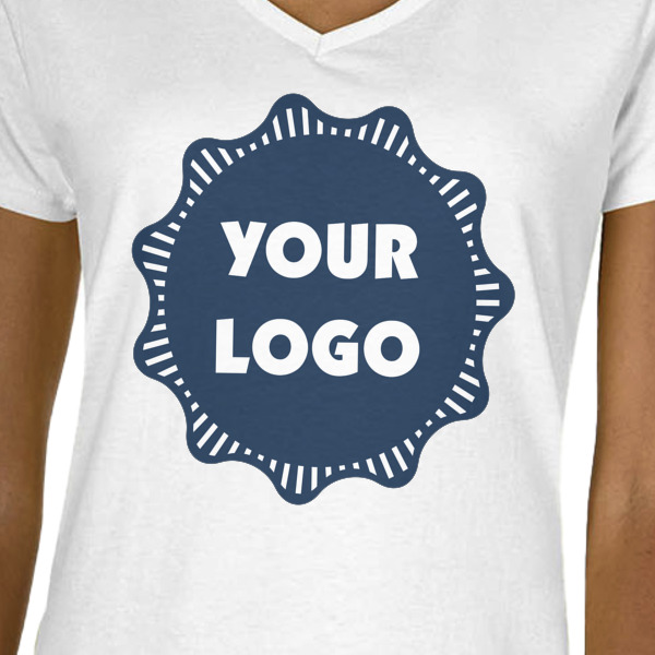 Custom Design - White V-Neck T-Shirt on Model - CloseUp